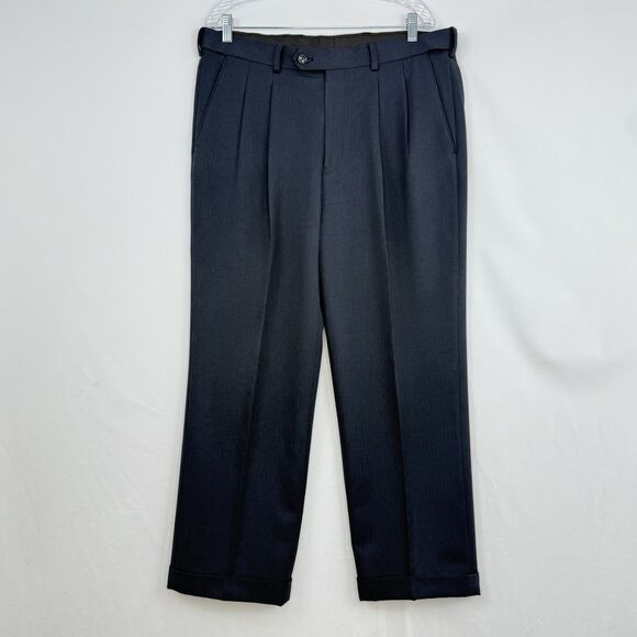 Paul Frederick Men’s 36x28 Navy Blue Pleated Dress Pants Cuffed Extended Waist - Picture 1 of 16
